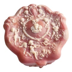 Retro Neoclassical Style Pink Scalloped Incolay Stone Jewelry Trinket Box with Cherubs