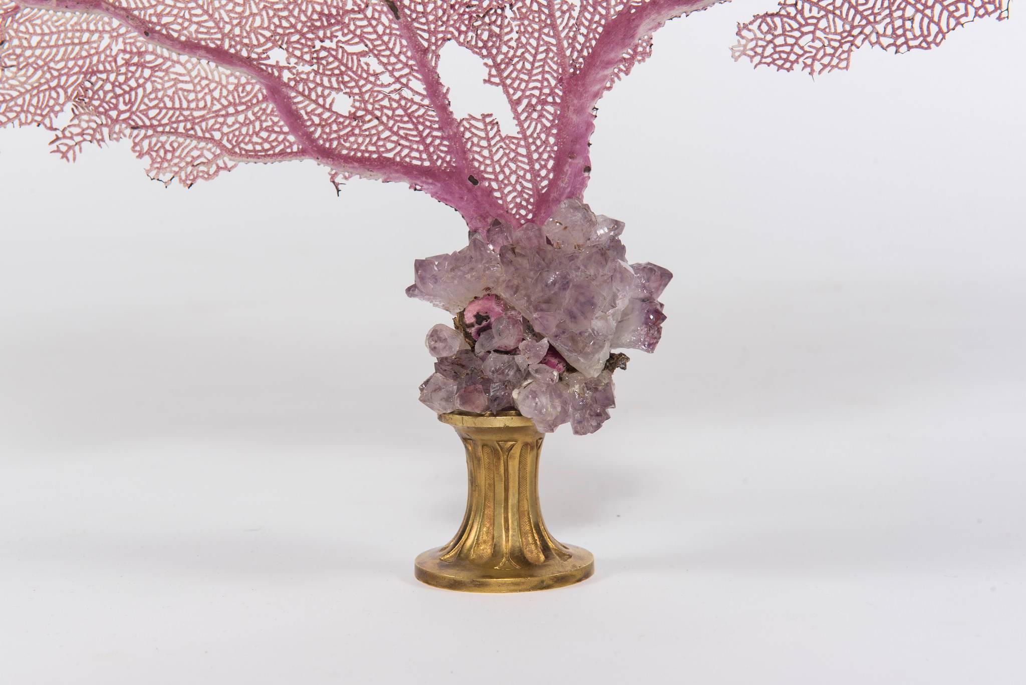 French Pink Sea Fan Coral and Amethyst Quartz on 19th Century Gilt Bronze Fragment