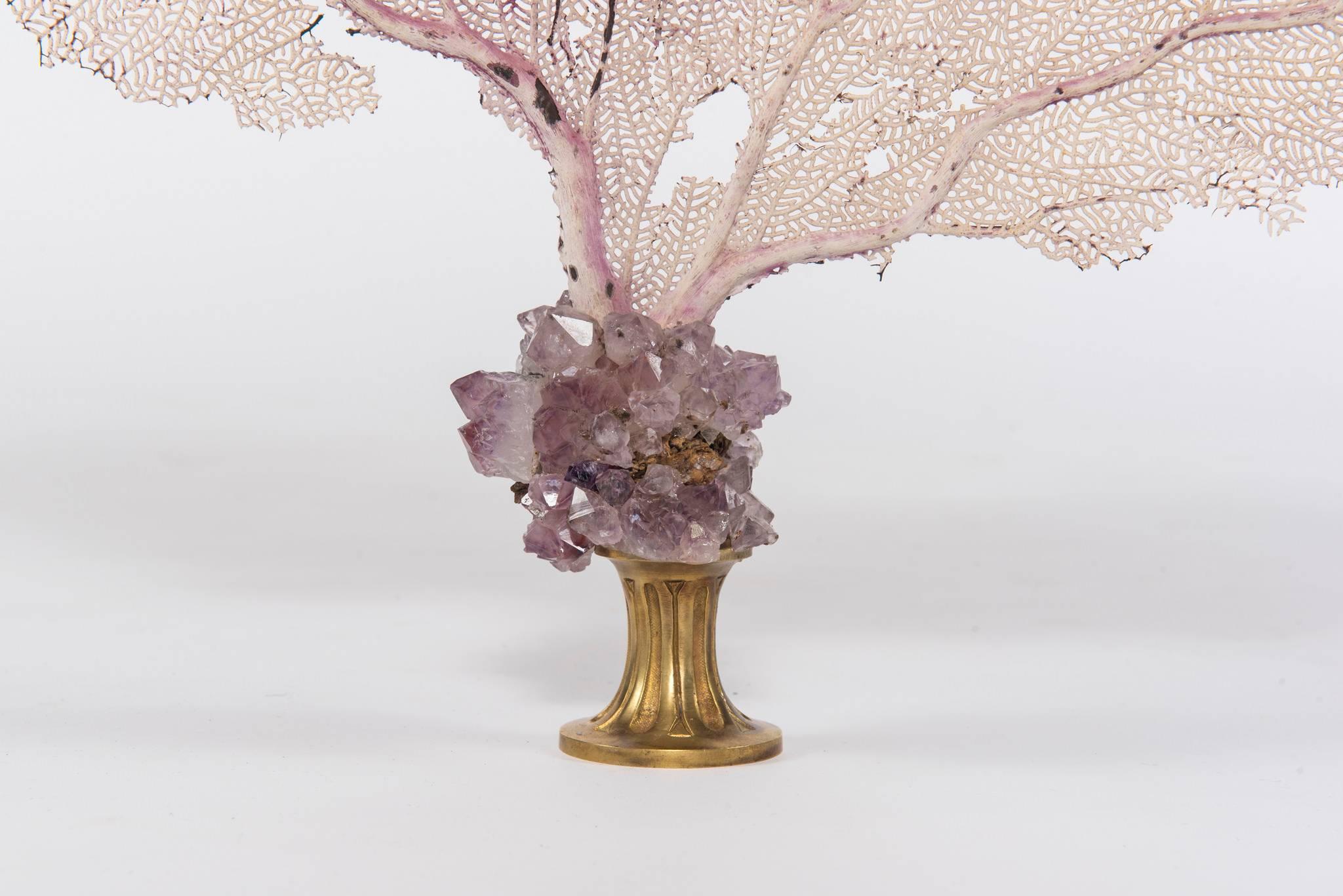 Pink Sea Fan Coral and Amethyst Quartz on 19th Century Gilt Bronze Fragment In Excellent Condition In Houston, TX
