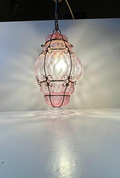 Pink Seguso Raspberry Pendant Lamp in Cage Murano Glass, 1950s