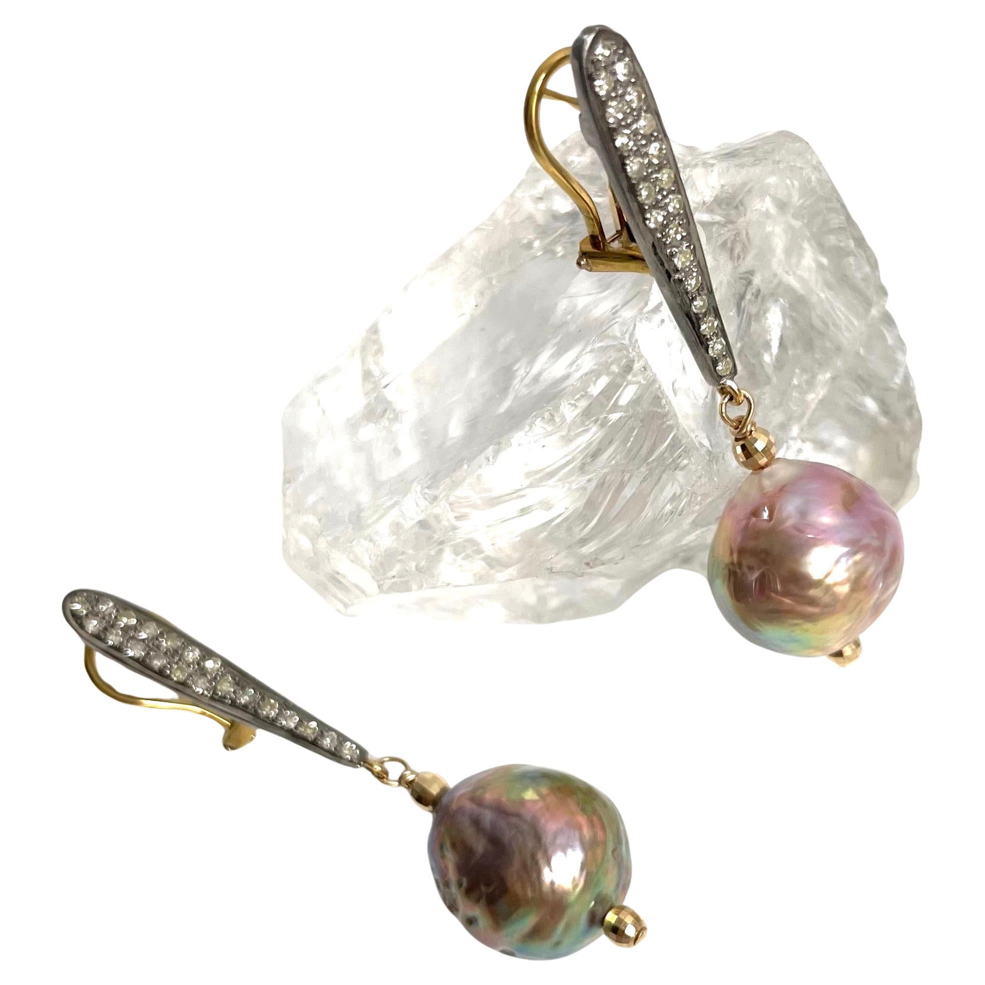 Pink Semi-Baroque Freshwater Pearls with Pave Diamonds Paradizia Earrings For Sale 5