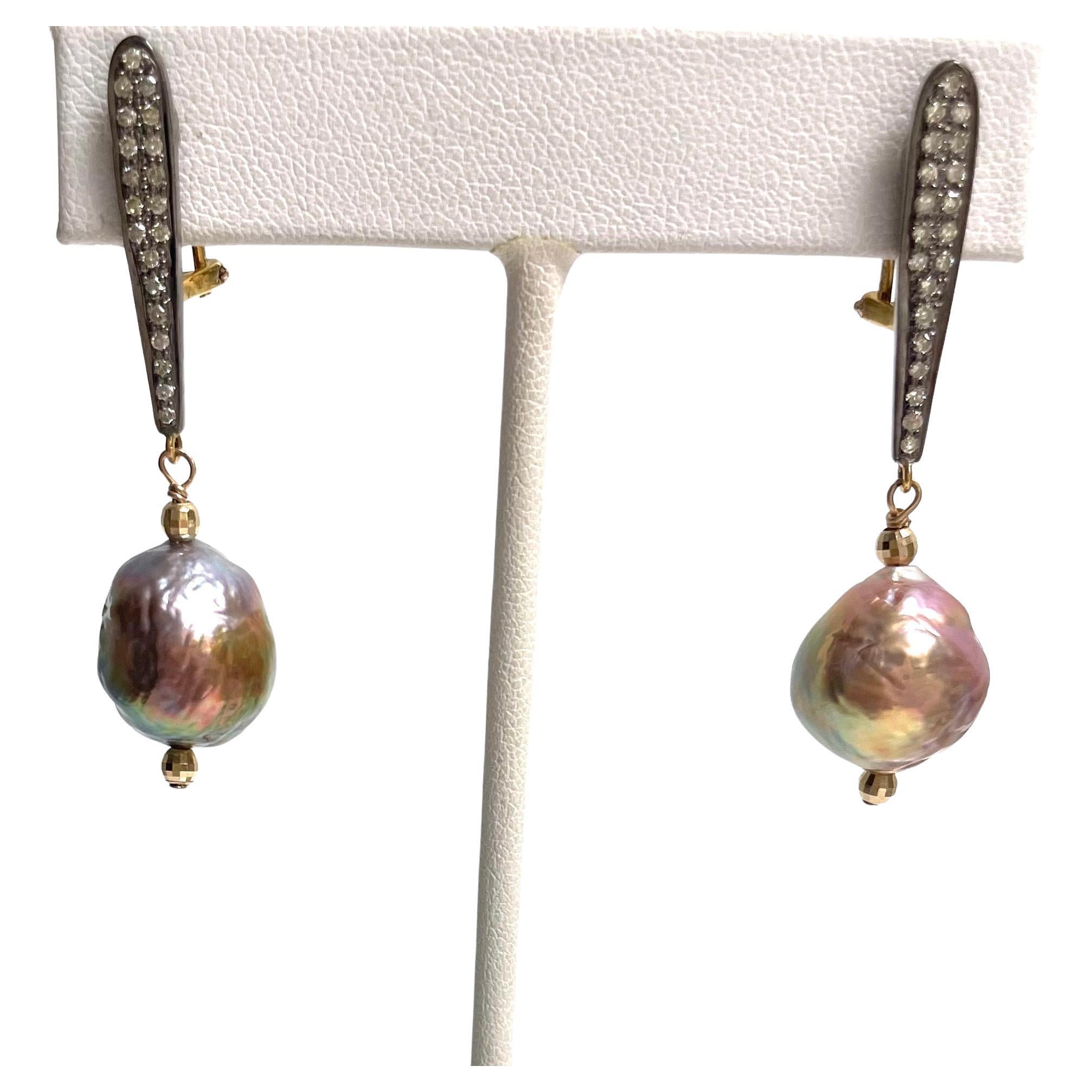 Pink Semi-Baroque Freshwater Pearls with Pave Diamonds Paradizia Earrings For Sale 6