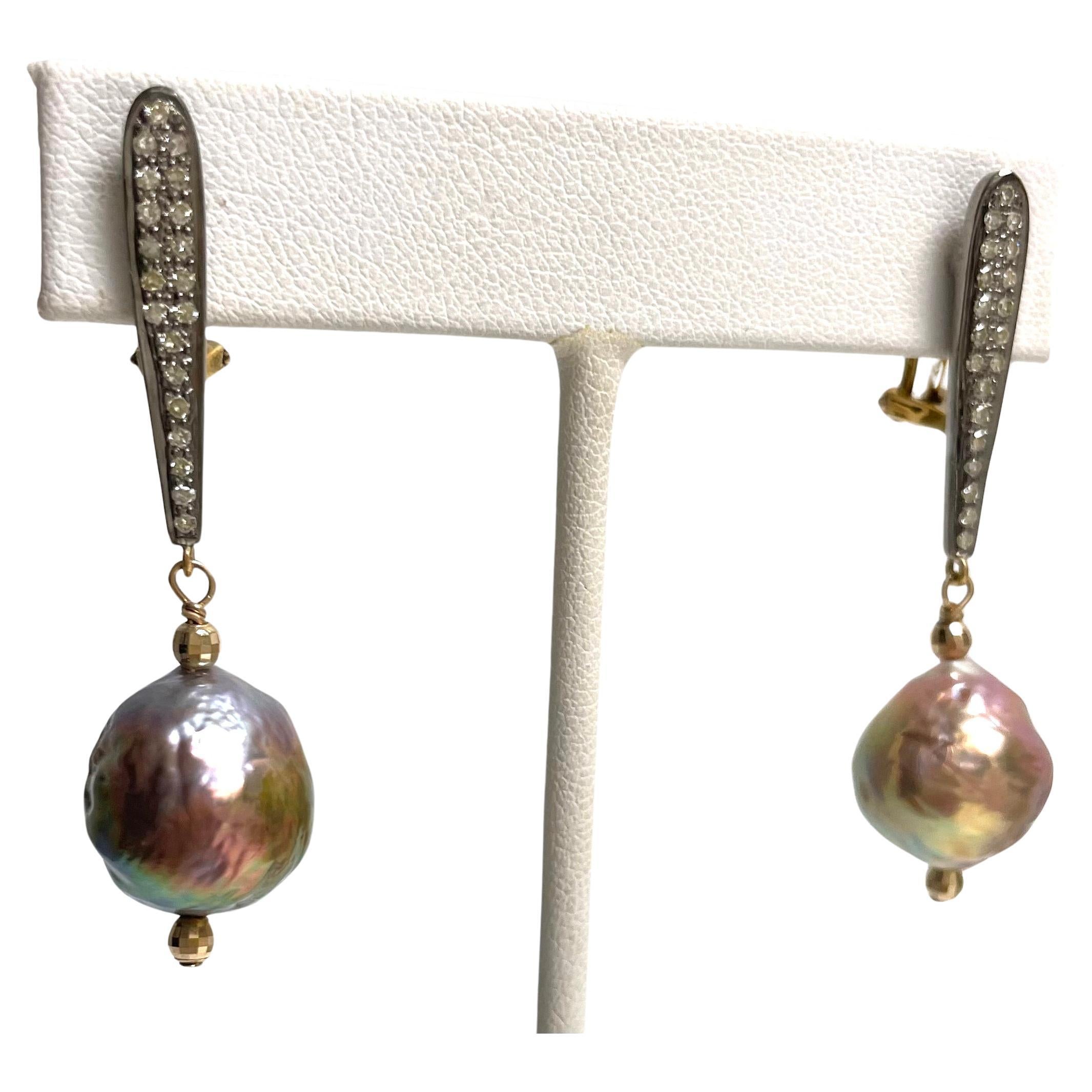 Artisan Pink Semi-Baroque Freshwater Pearls with Pave Diamonds Paradizia Earrings For Sale