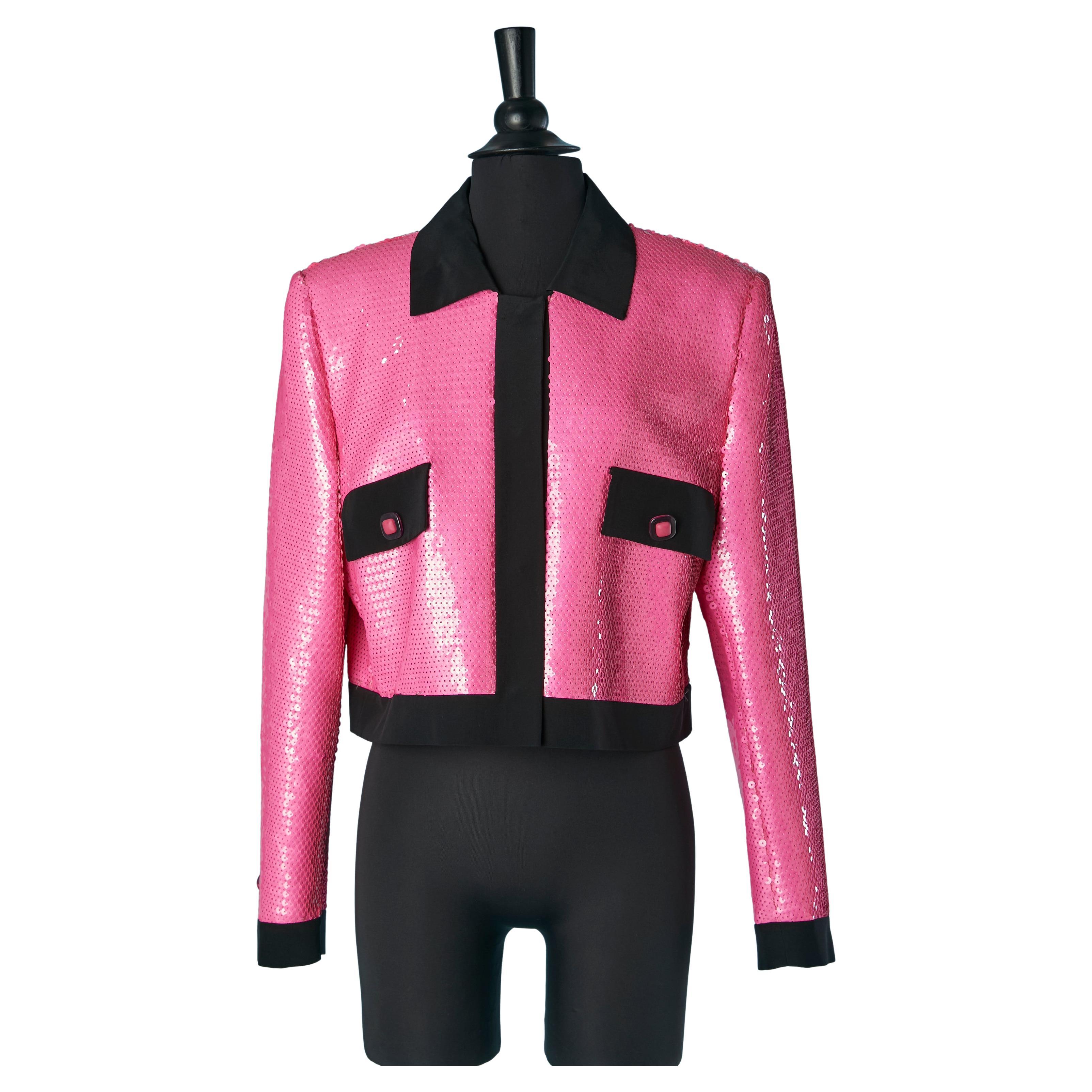 Pink sequin single breasted jacket with black edge and collar GIORGIO GRATI
