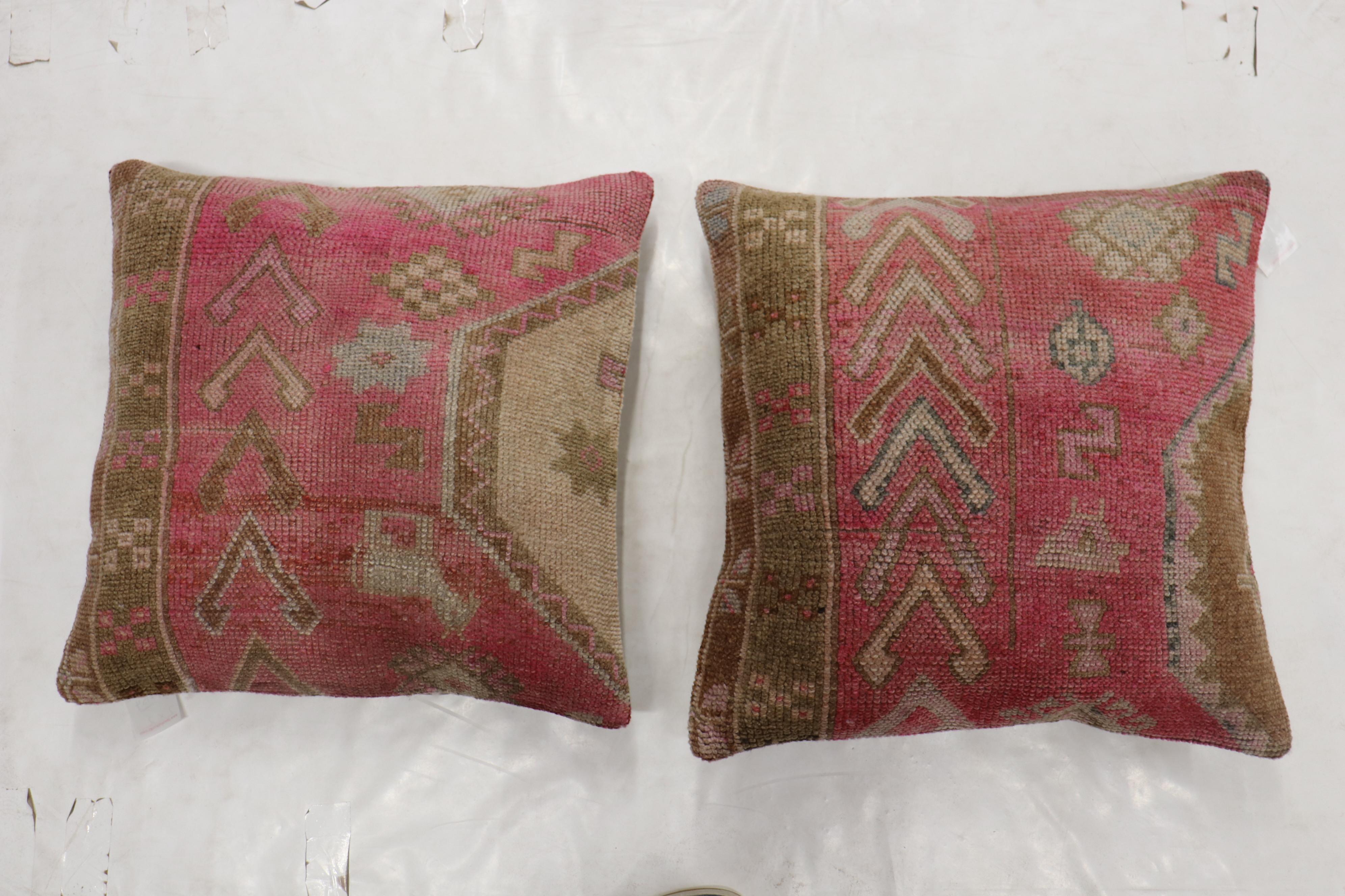 Pink Set of Geometric Vintage Turkish Wool Rug Pillows 1