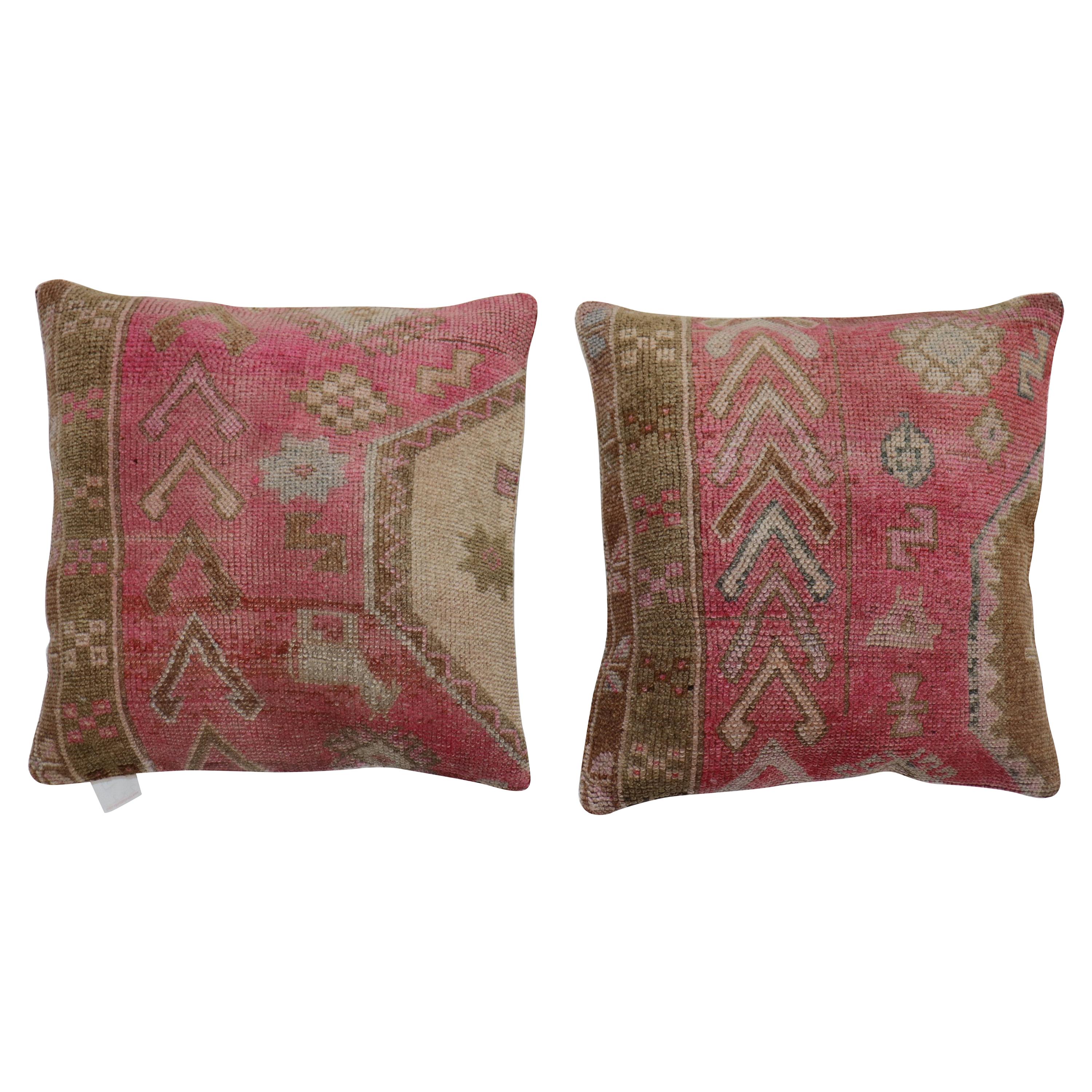 Pink Set of Geometric Vintage Turkish Wool Rug Pillows