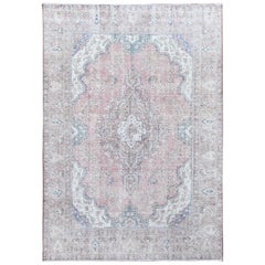 Pink Shabby Chic Persian Tabriz Old Sheared Low Oriental Rug