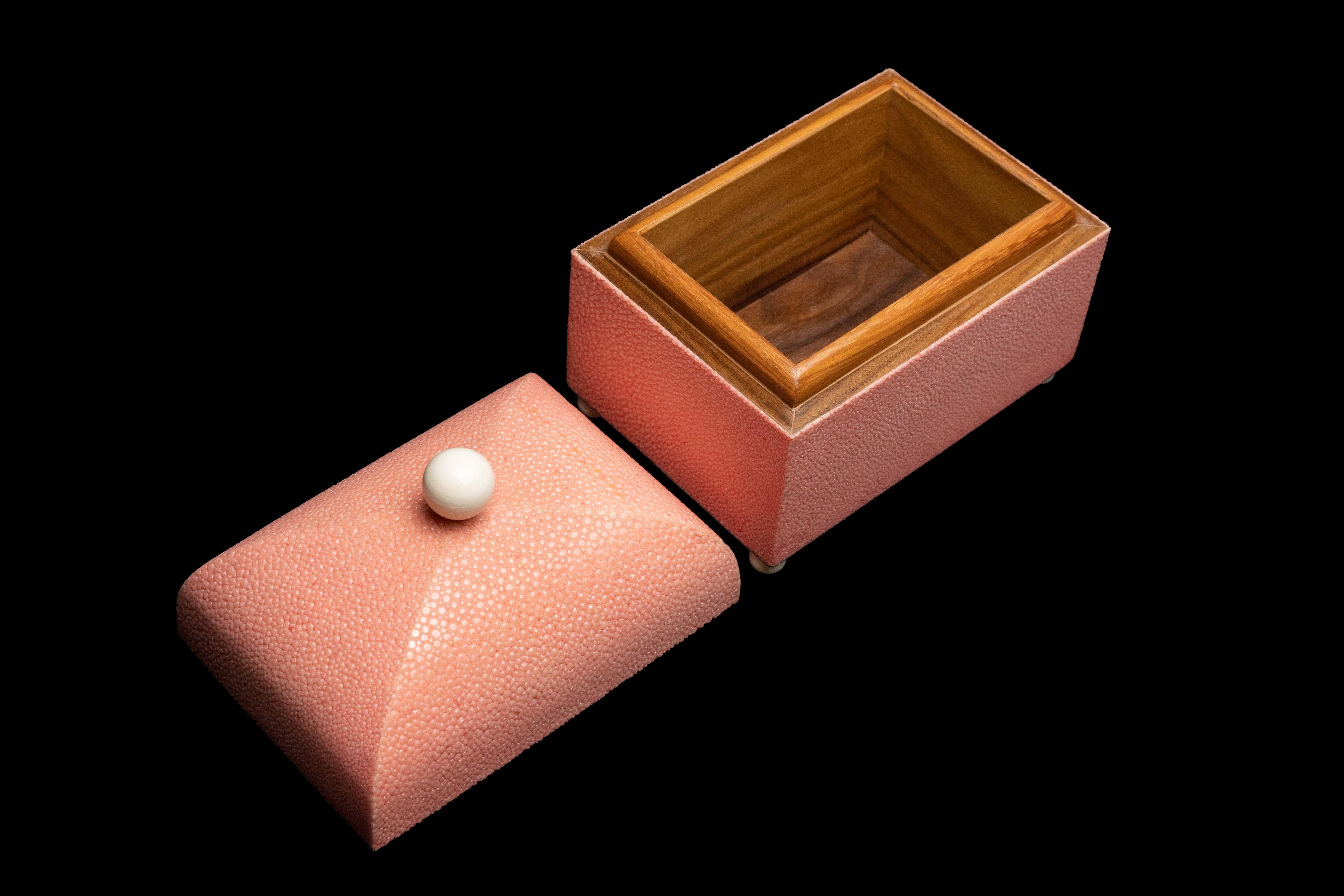 Pink shagreen box w/ bone top:

Measures Approximately: 5.5