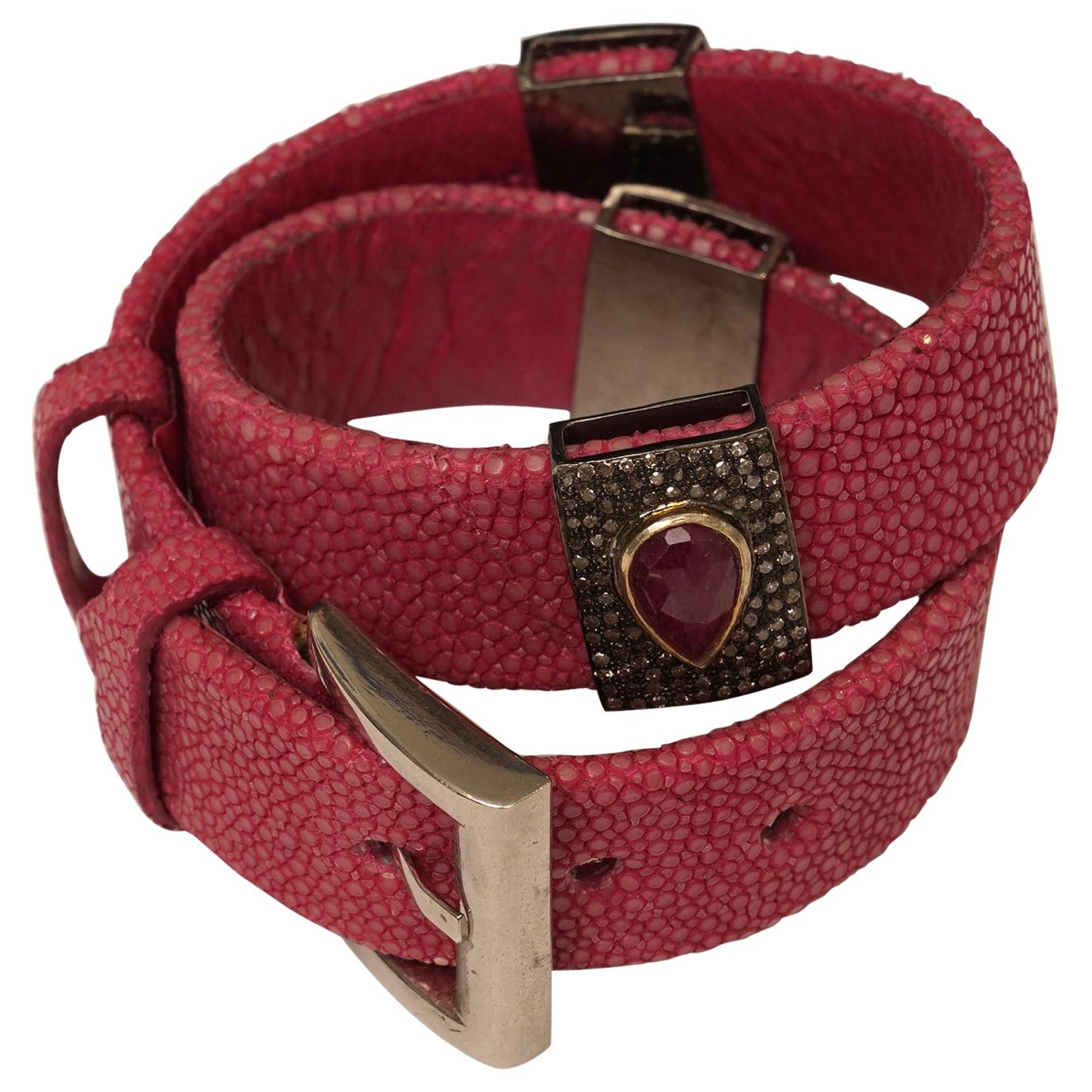 Pink Shagreen, Ruby and Diamond Wrap Bracelet or Choker with Sterling Buckle