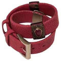 Pink Shagreen, Ruby and Diamond Wrap Bracelet or Choker with Sterling Buckle