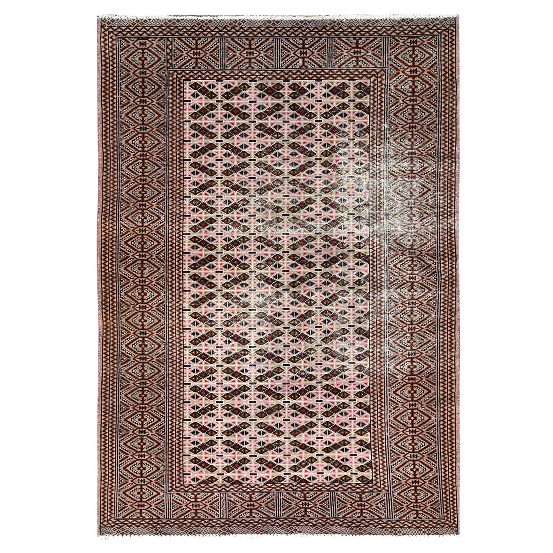 Pink Sheared Low Pure Wool Hand Knotted Worn Vintage Persian Tourkaman Clean Rug