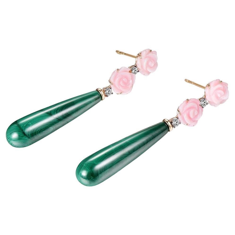 Introducing our Vintage Malachite and Pink Opal Flower Earrings in 14 Karat Yellow Gold, a truly remarkable pair that showcases the beauty of malachite, pink opal, and diamonds in a stunning vintage-inspired design.

These earrings feature two