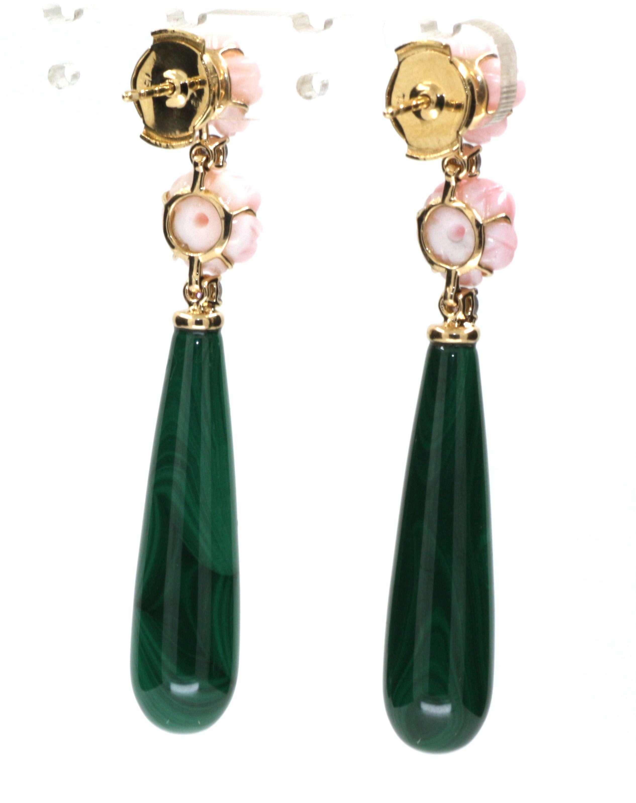 Contemporary Pink Shell Malachite Diamonds Dangle Earrings in 14 Karat Yellow Gold