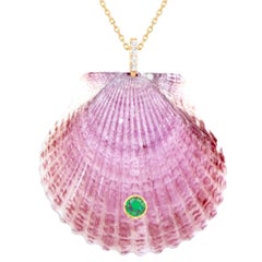 Pink Shell Pendant with Diamond and Green Tsavorite Garnet