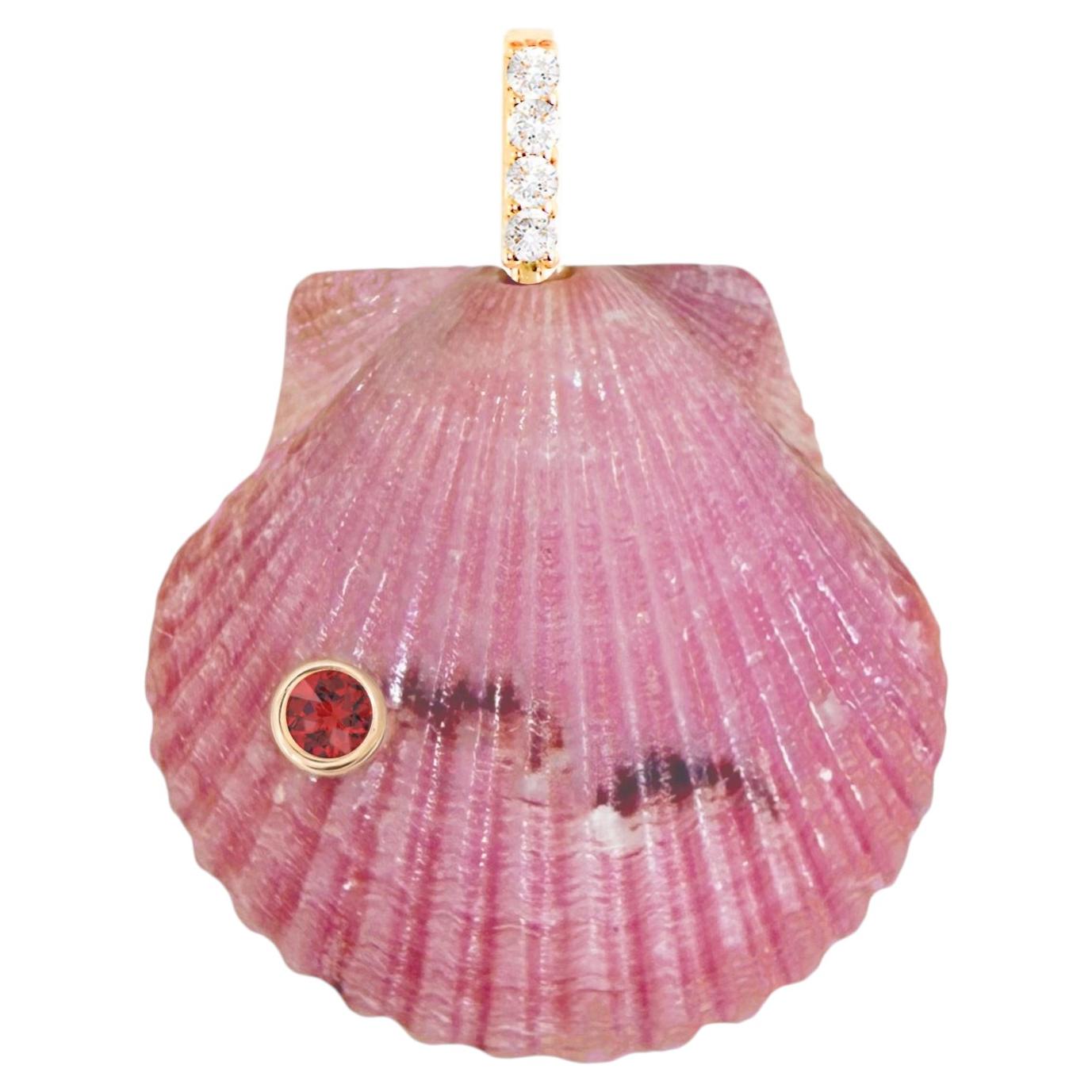 Pink Shell Pendant with Diamond and Red Garnet