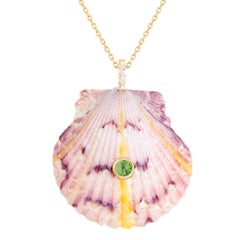 Pink Shell Pendant with Natural Diamonds and Green Tsavorite