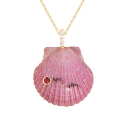 Pink Shell Pendant with Natural Diamonds and Red Garnet