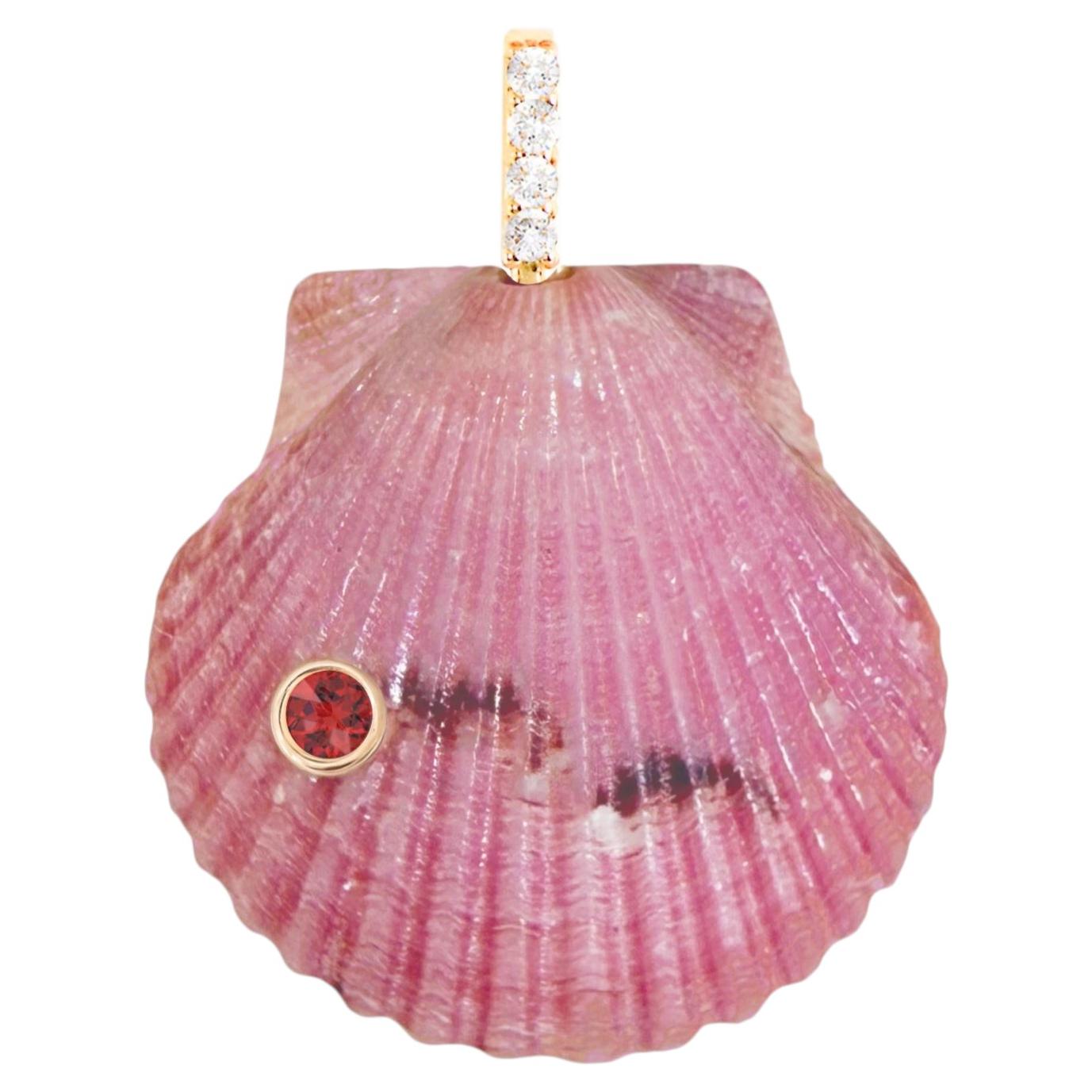 Pink Shell Pendant with Natural Diamonds and Red Garnet