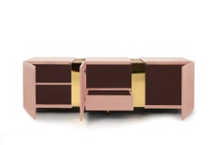 Pink Sideboard in Brass and Colorful Lacquered Wood, Geometric-Shaped