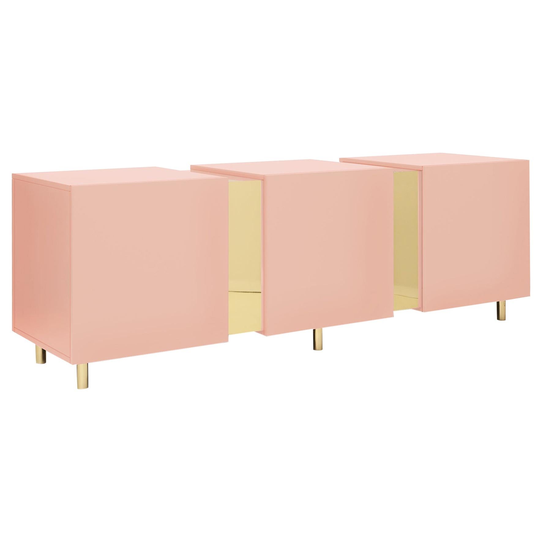 Pink Sideboard in Brass and Colorful Lacquered Wood, Geometric-Shaped For Sale