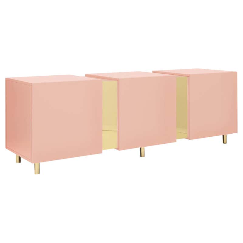 Pink Sideboard in Brass and Colorful Lacquered Wood, Geometric-Shaped ...