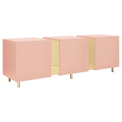 Pink Sideboard in Brass and Colorful Lacquered Wood, Geometric-Shaped