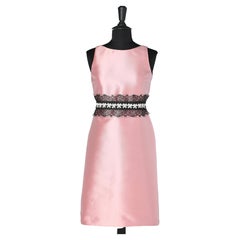 Pink silk and black lace belt cocktail dress 