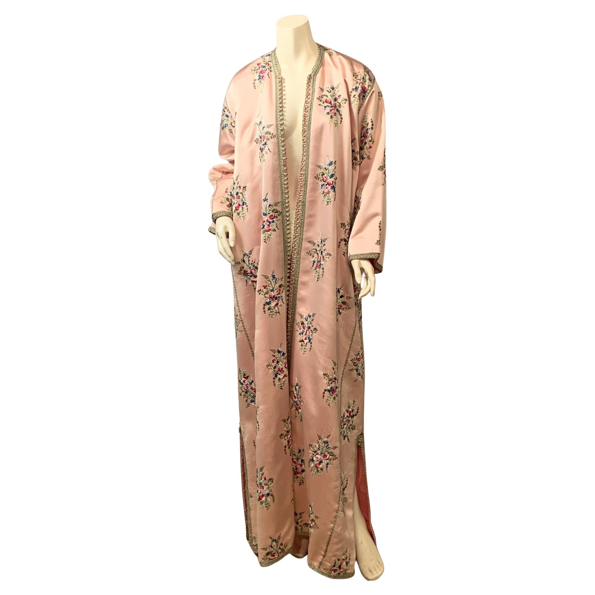 Pink Silk Caftan, Colorful Embroidered Bouquets