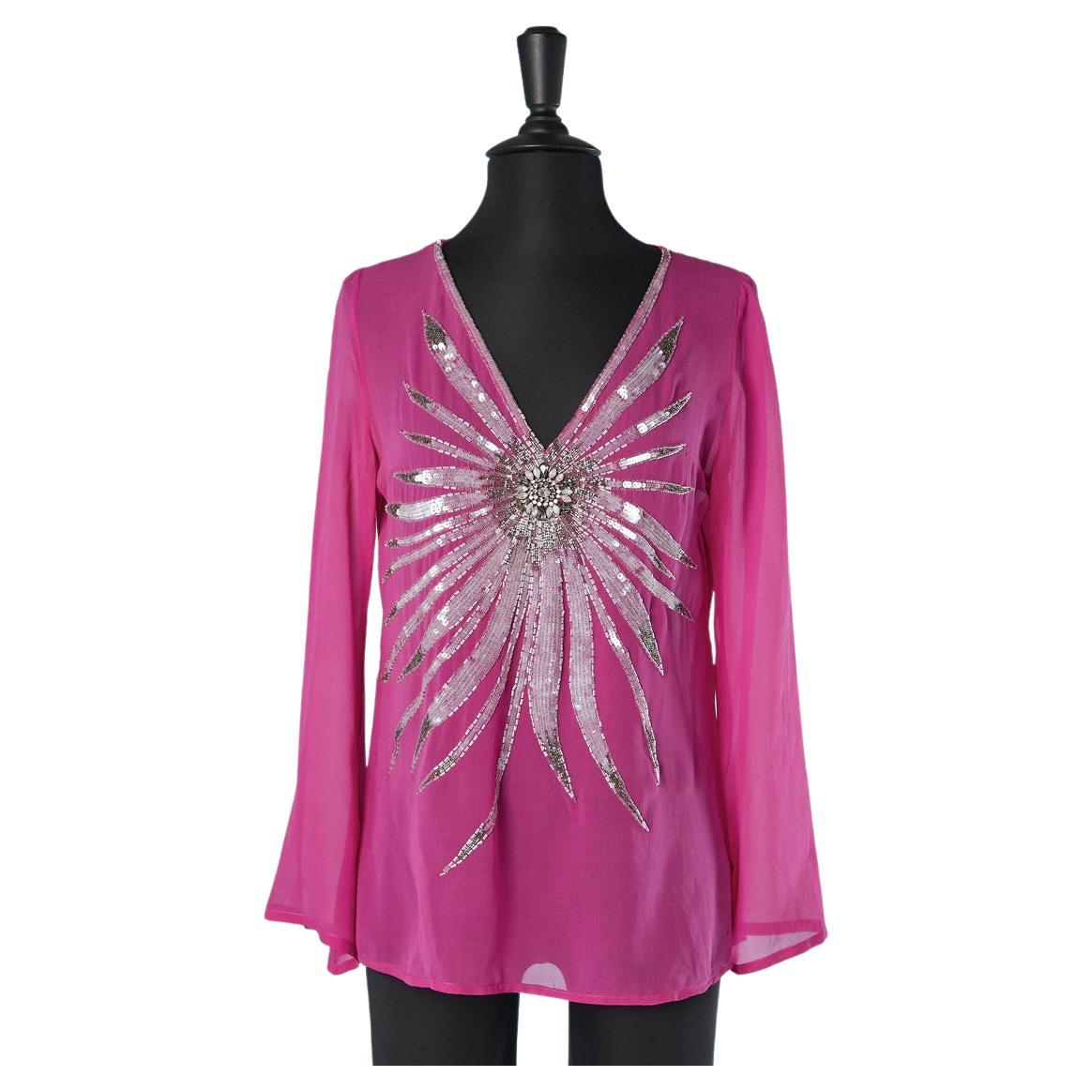 Pink silk chiffon blouse with embroideries Gai Mattiolo Couture  For Sale