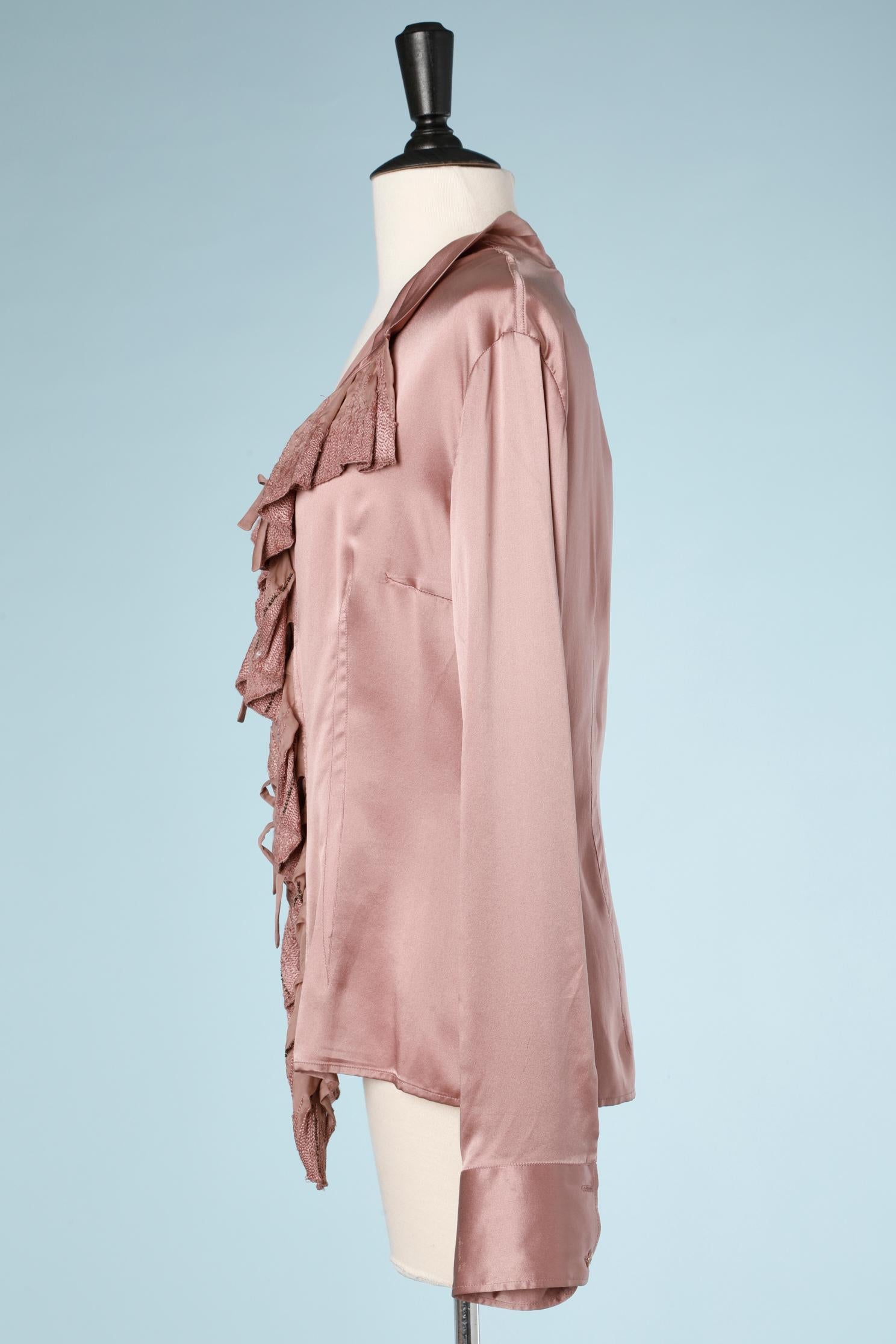 Brown Pink silk ruffled shirt with sequins embroidered Roberto Cavalli  For Sale