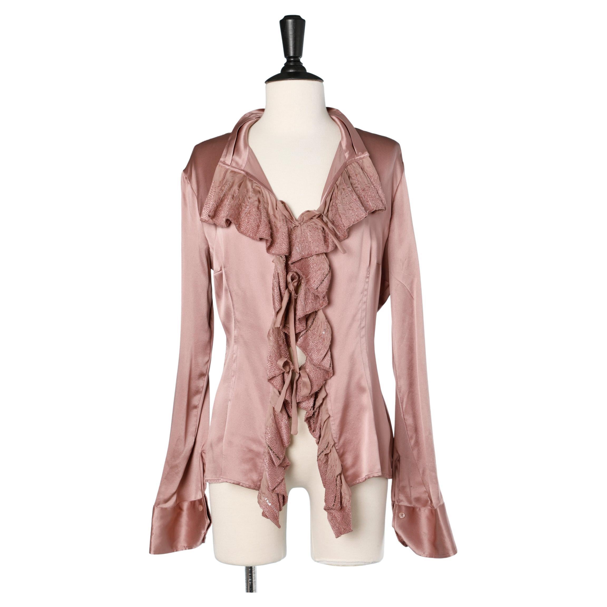 Pink silk ruffled shirt with sequins embroidered Roberto Cavalli  For Sale