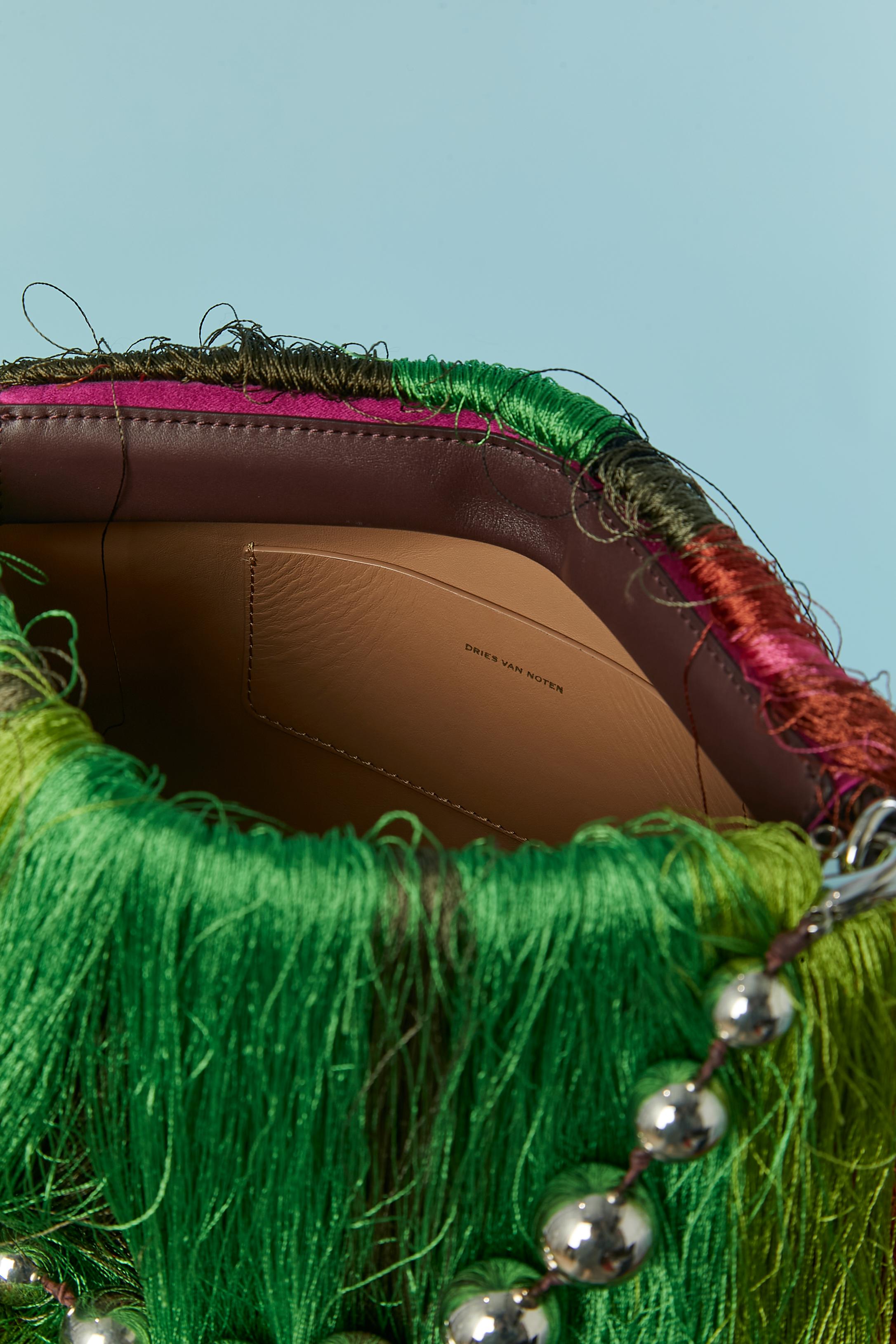 Pink silk shoulder bag with silk multicolor fringes Dries Van Noten For Sale 4