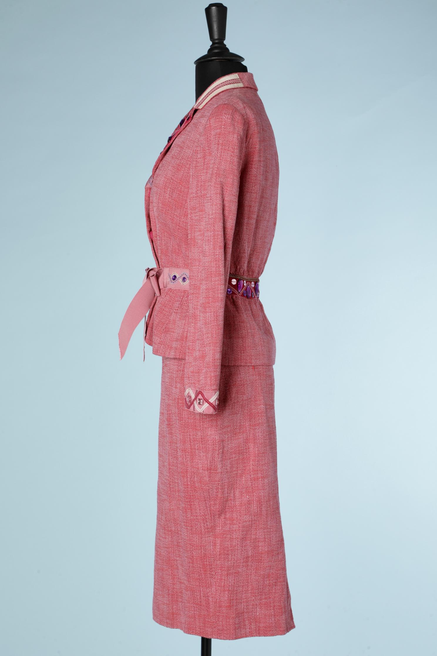 Pink skirt-suit with cabochons and ribbons embellishment Moschino Cheap and Chic For Sale 1