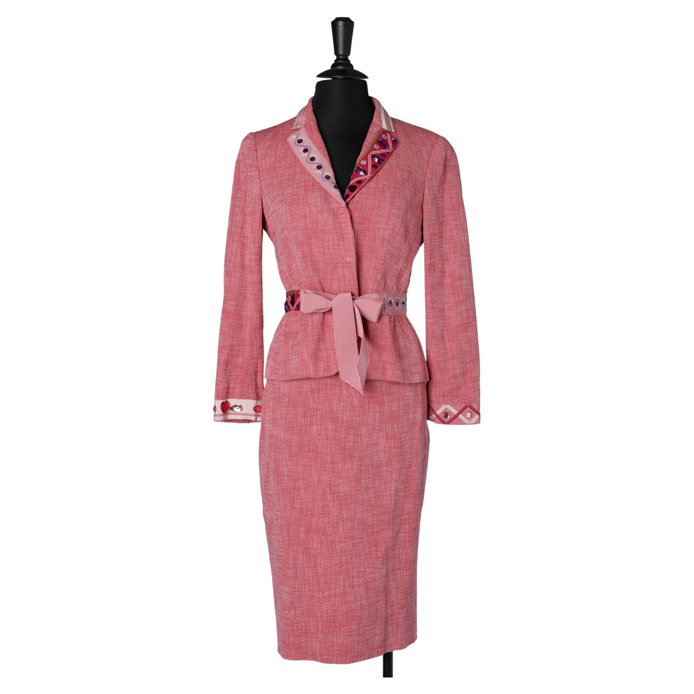 Pink skirt-suit with cabochons and ribbons embellishment Moschino Cheap and Chic For Sale