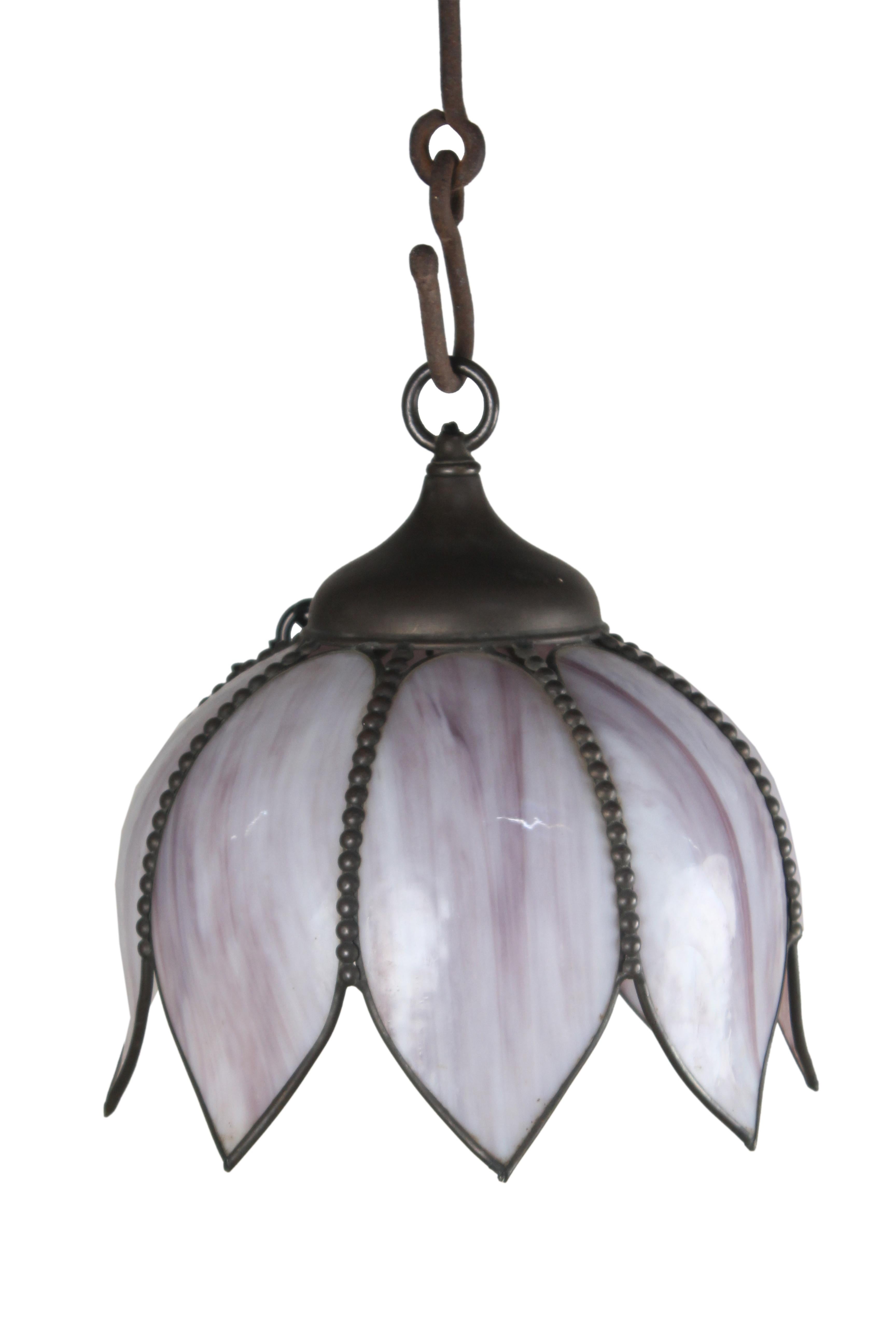 A lovely lotus flower art glass pendant chandelier light fixture with pink slag glass petals, in excellent condition. Beaded brass borders and hardware. Hangs from a 3' brass rod, or could be switched to brass chain if preferred. Rewired and takes a