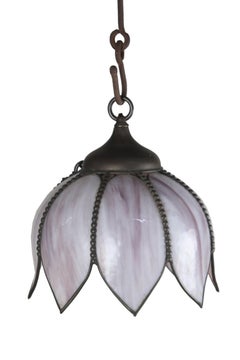 Pink Slag Glass and Brass Lotus Flower Pendant Light, 1950s