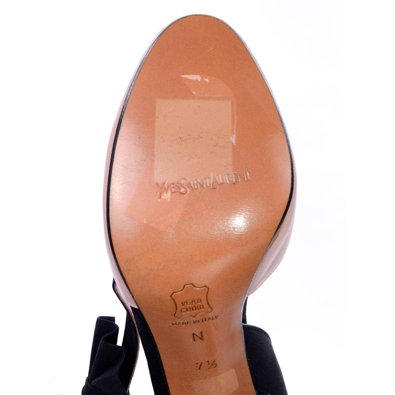 Pink Slingback Peep Toe YSL Shoes With Black Bows and 3.75 Inch Heels Size 7.5N at 1stDibs