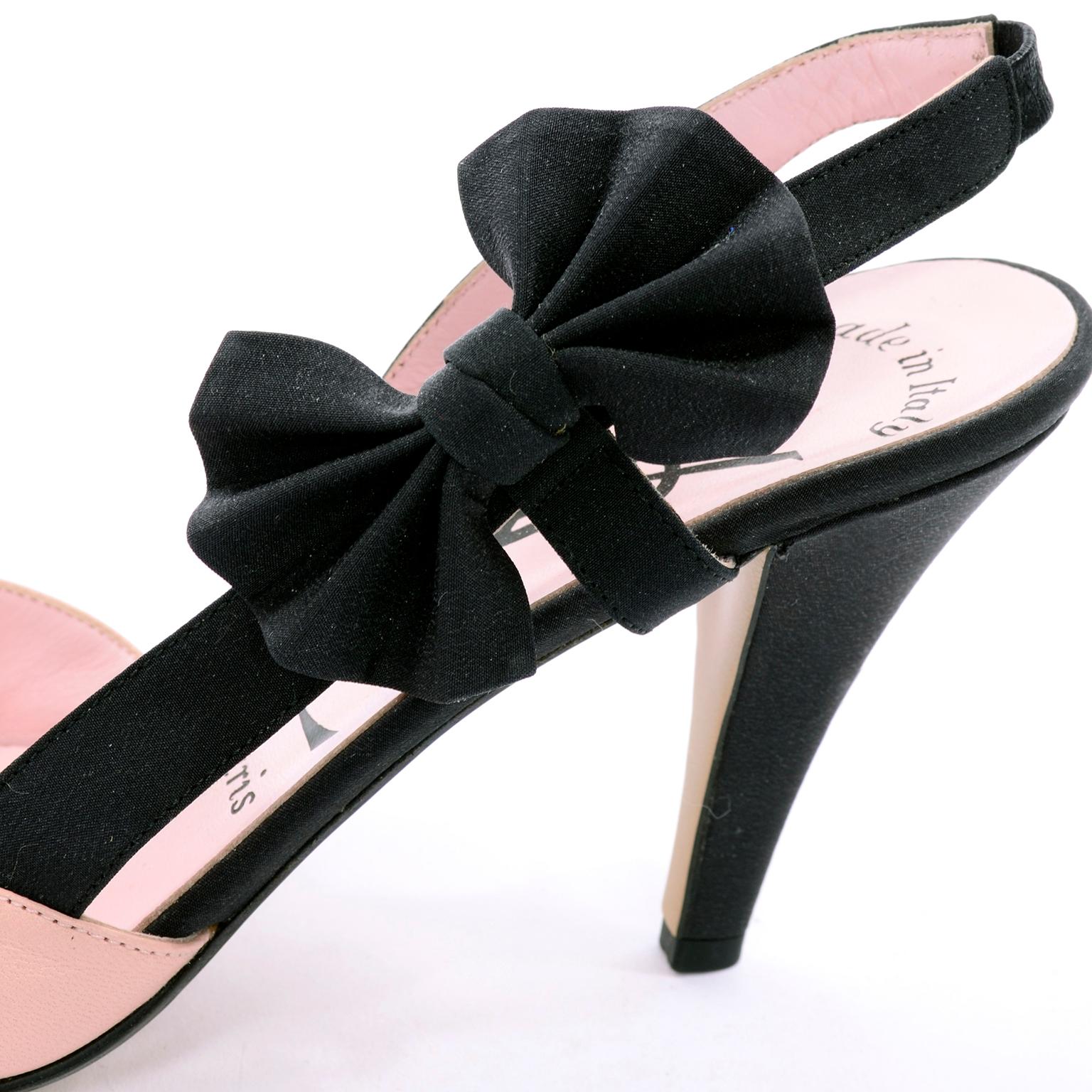 Women's Pink Slingback Peep Toe YSL Shoes With Black Bows & 3.75 Inch Heels Size 7.5N