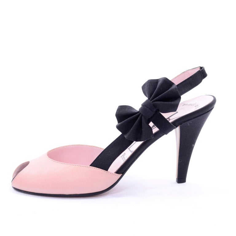 Pink Slingback Peep Toe YSL Shoes With Black Bows and 3.75 Inch Heels ...