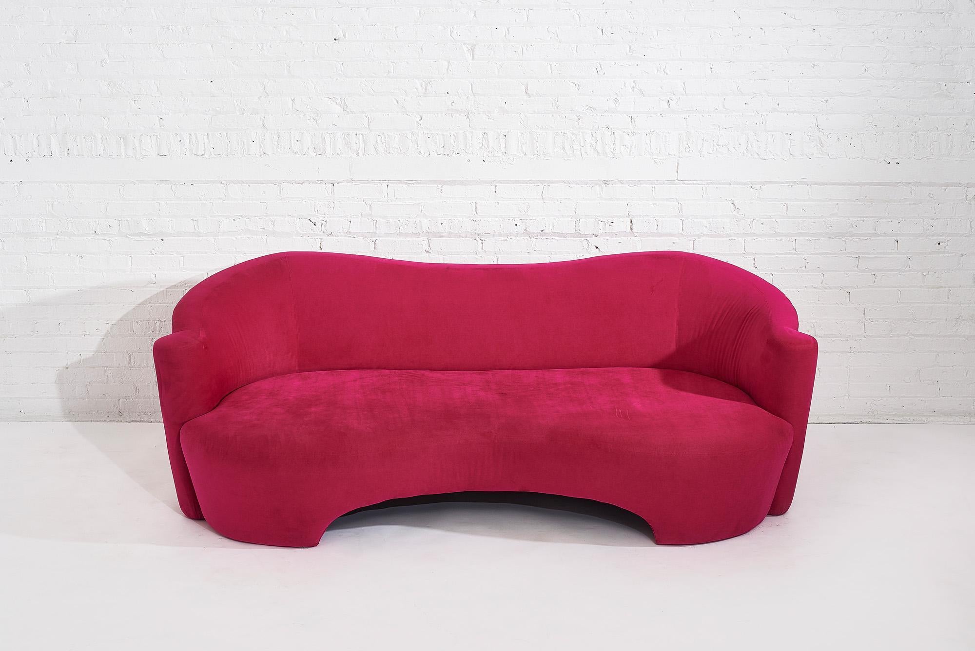 Pink sofa by Vladimir Kagan for Weiman. Pink micro suede upholstery, circa 1990.
