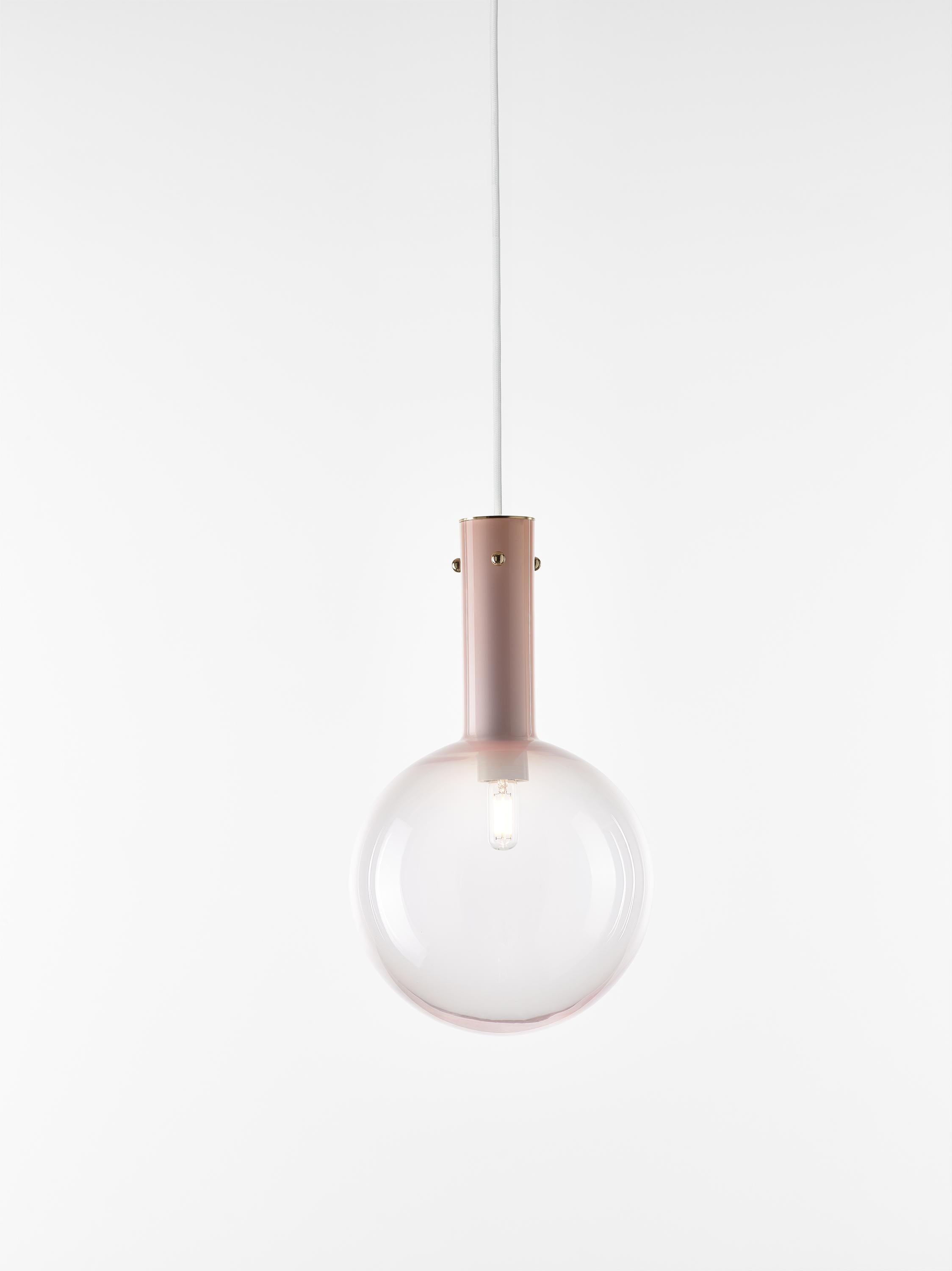 Pink Sphaerae pendant light by Dechem Studio
Dimensions: D 20 x H 180 cm
Materials: brass, metal, glass.
Also available: different finishes and colors available.

Only one homogenous piece of hand-blown glass creates the main body of Sphaerae