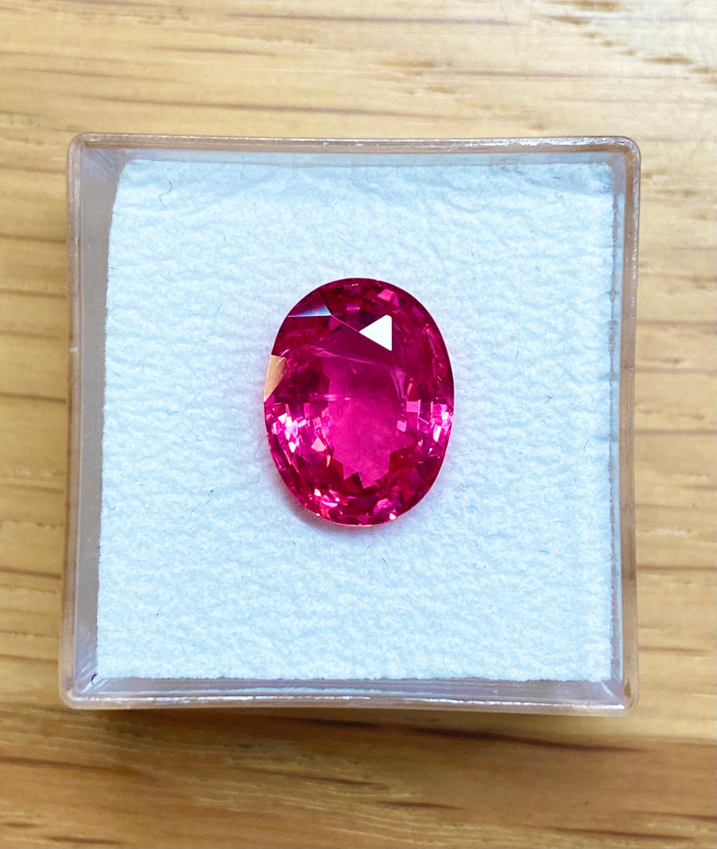 A bright pink spinel of 4.98ct. The measurements of this stone are 11.6x8.8x5.9mm. Our talented jewellers here in Geneva can transform this stone into a stunning piece of jewellery. Manufacturing usually takes 4-8 weeks depending on the complexity