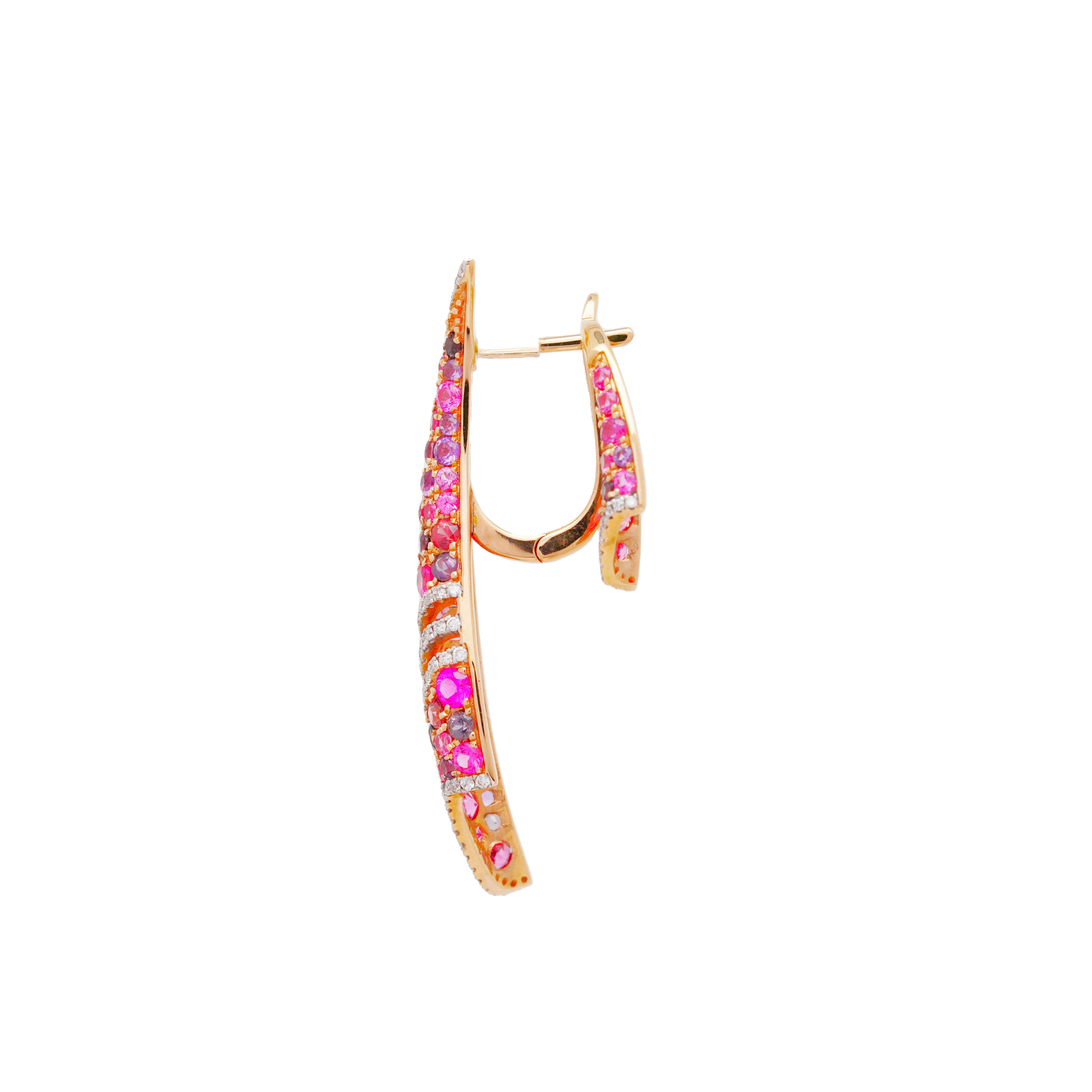 Modern Pink Spinel, Amethyst & Diamond Clasp Earrings, 18K Gold, Austy Lee For Sale