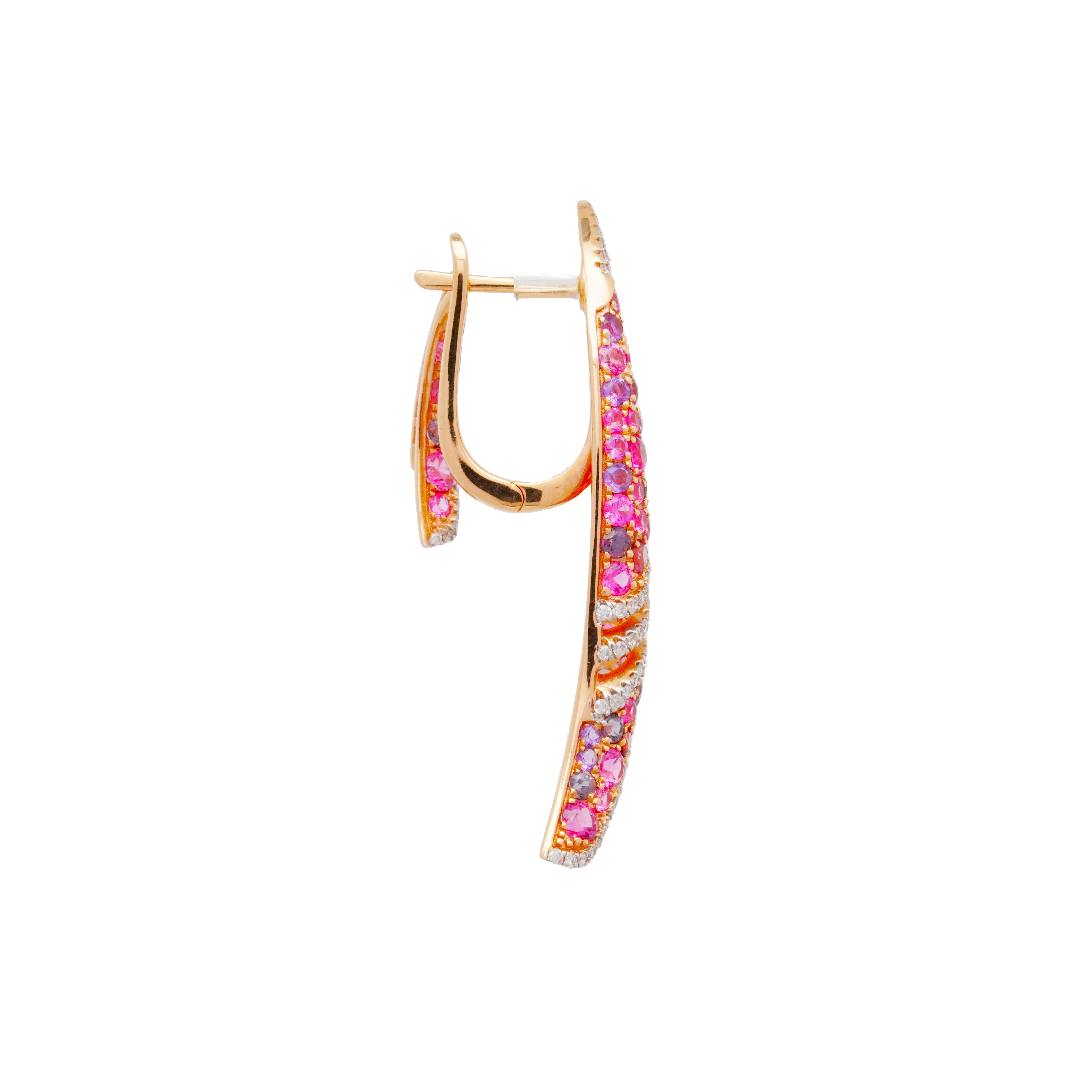 Mixed Cut Pink Spinel, Amethyst & Diamond Clasp Earrings, 18K Gold, Austy Lee For Sale