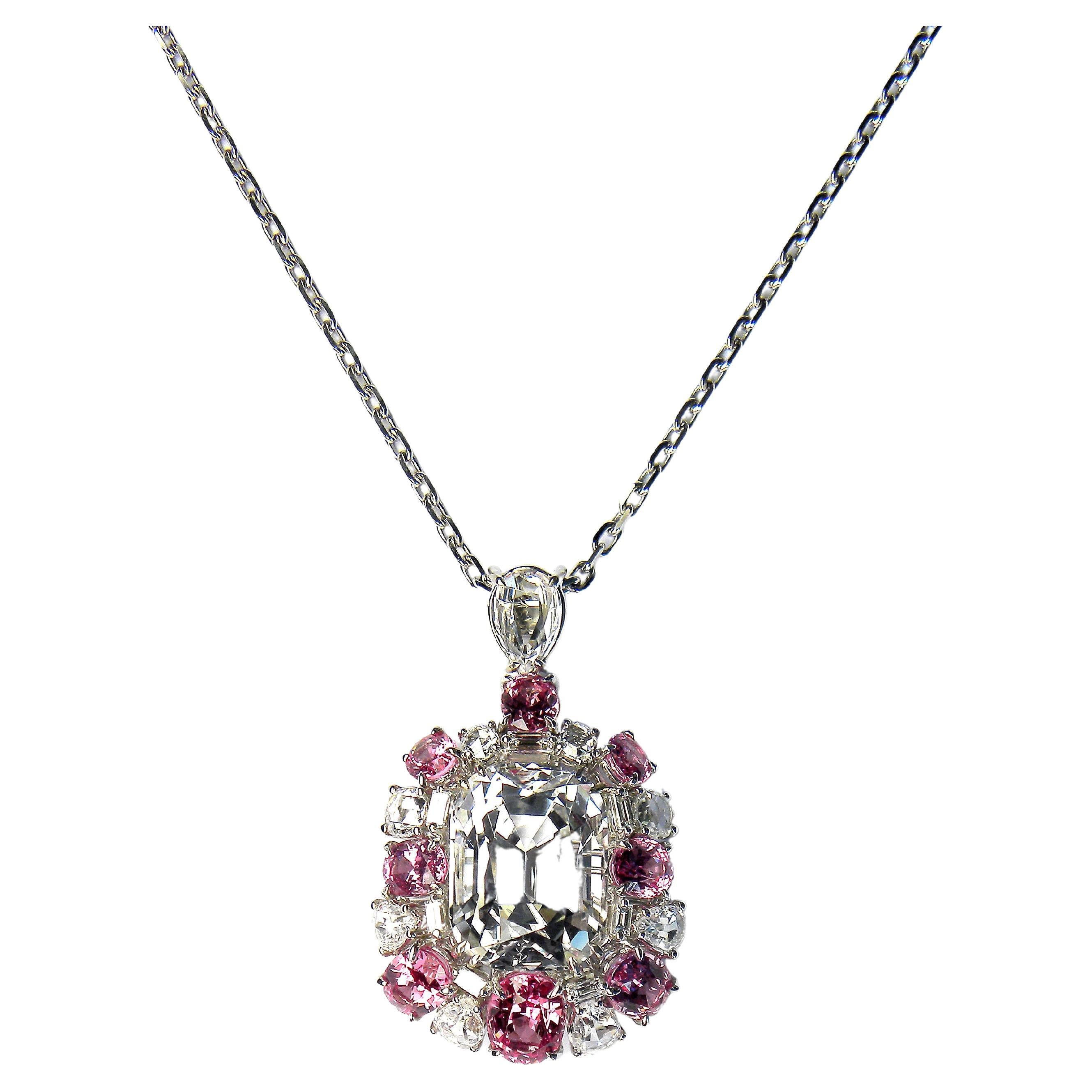 Pink Spinel and Clear Topaz Diamonds Pendant in 18K Gold and Chain For Sale