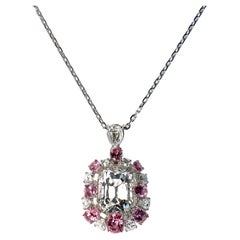 Retro Pink Spinel and Clear Topaz Diamonds Pendant in 18K Gold and Chain