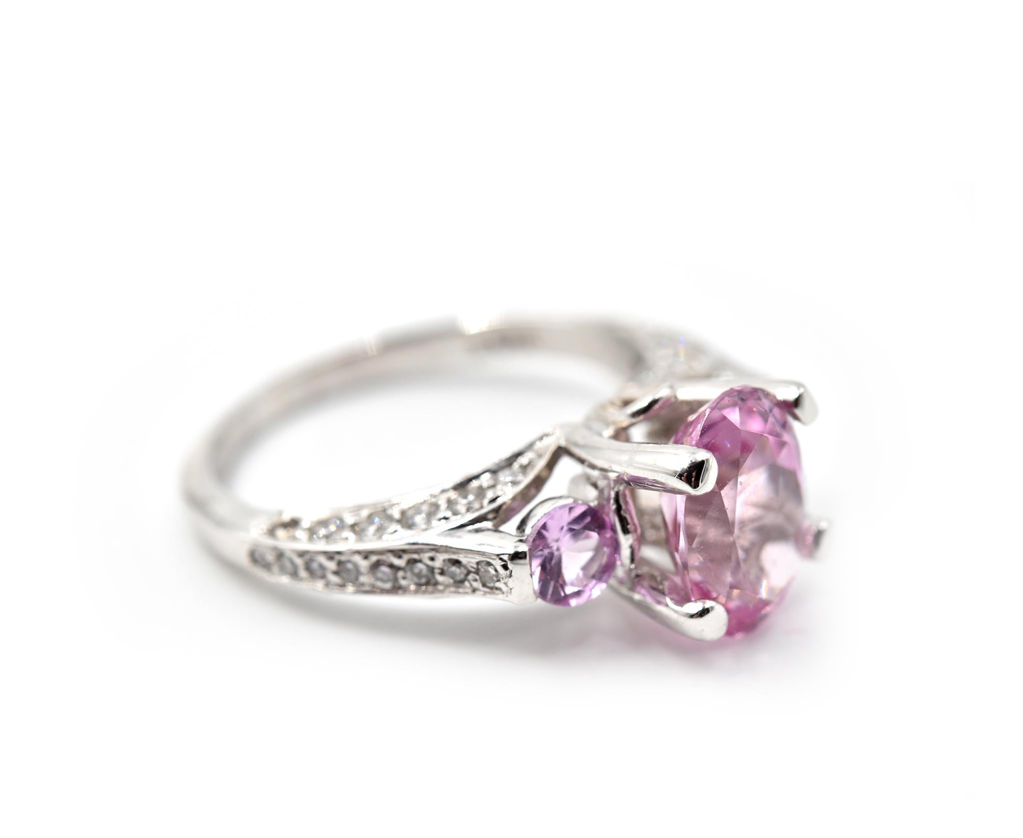 Oval Cut Pink Spinel and Diamond 18 Karat White Gold Ring For Sale