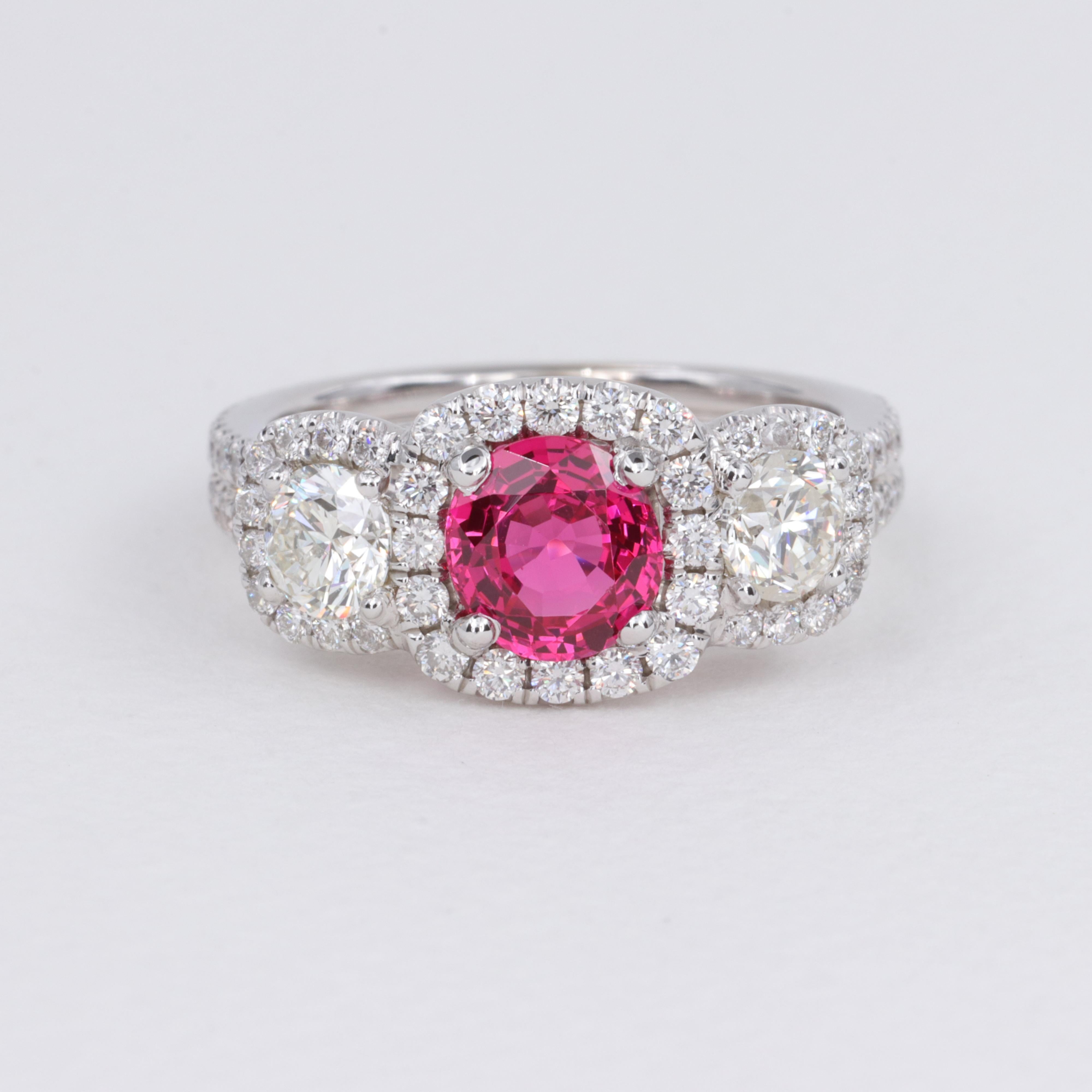 Round Cut 1.44 Carat Pink Spinel G.I.A. and Diamond Three Stone Halo Ring For Sale