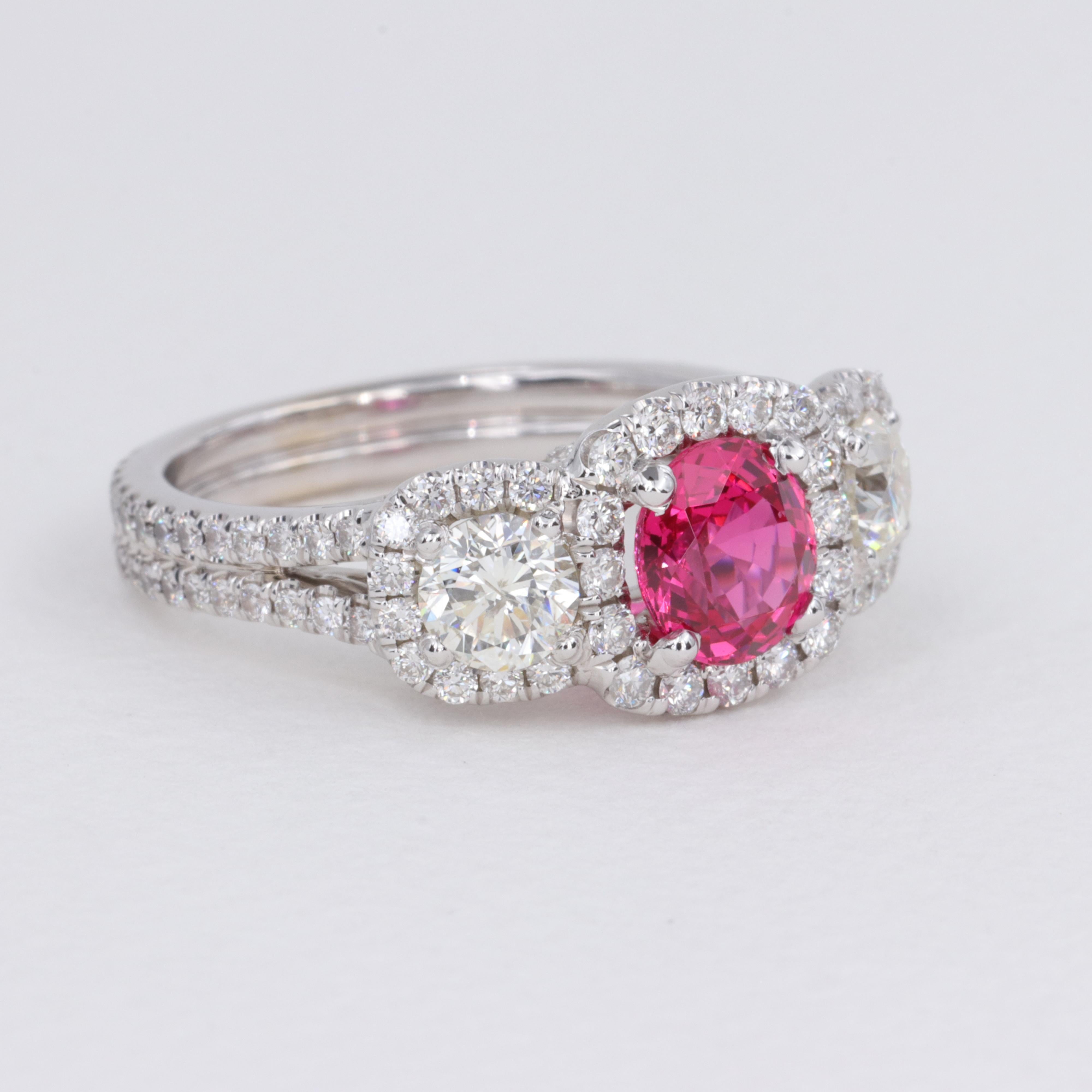 1.44 Carat Pink Spinel G.I.A. and Diamond Three Stone Halo Ring  In Excellent Condition For Sale In Tampa, FL