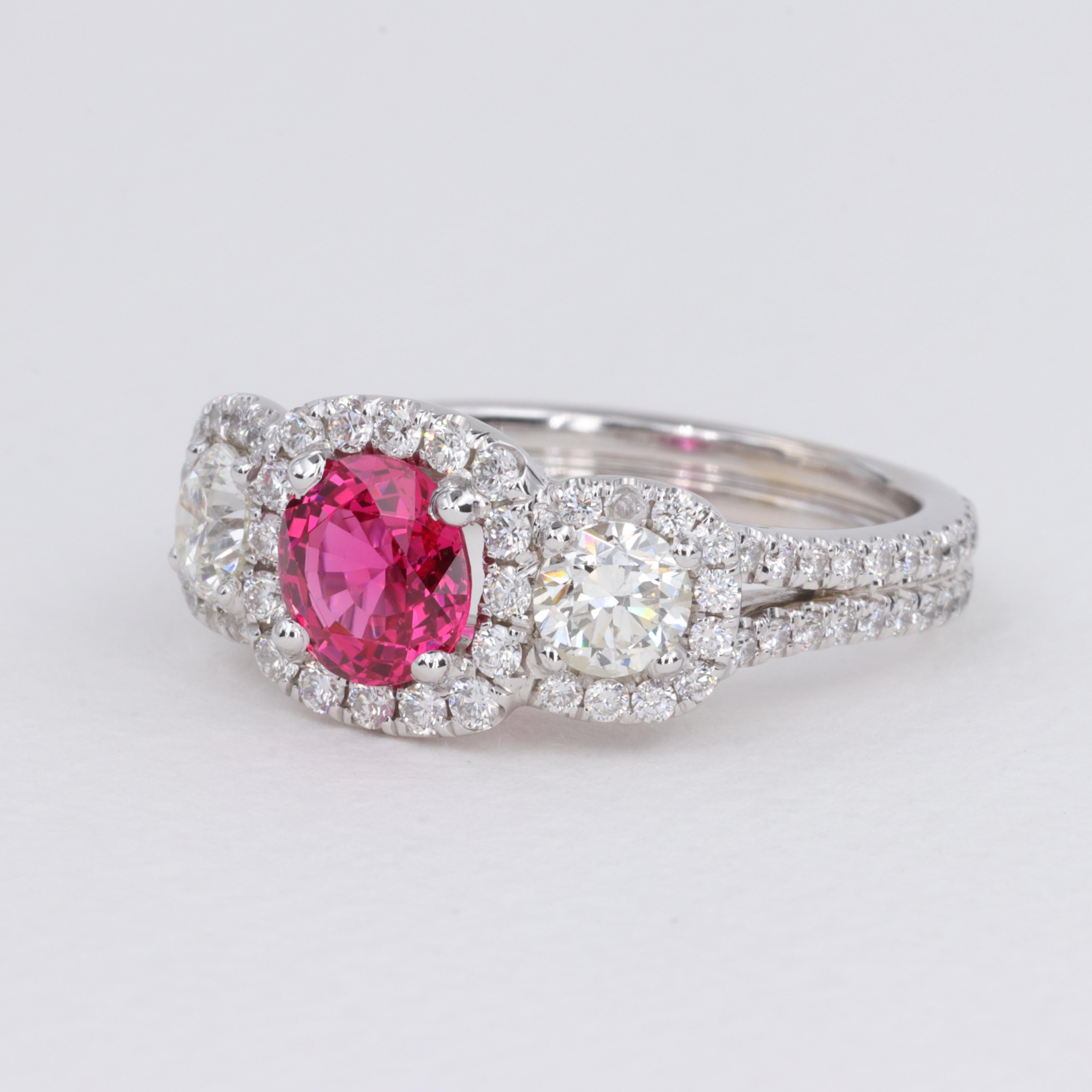 Women's or Men's 1.44 Carat Pink Spinel G.I.A. and Diamond Three Stone Halo Ring  For Sale